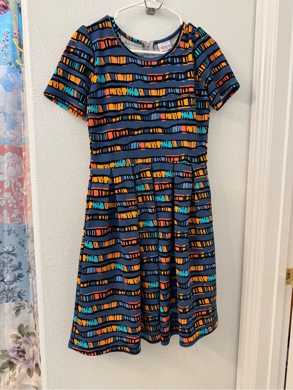 LuLaRoe Navy Short Sleeve Skater Dress with Orange & Teal Accents Small Women